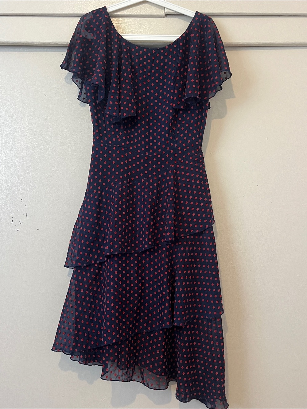 Eva Franco Navy and Red Polka Dot High-Low Ruffle Dress